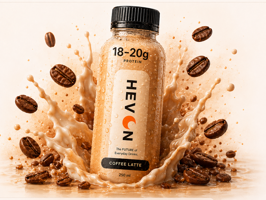 HEVON Coffee Latte protein drink with coffee beans and creamy splash